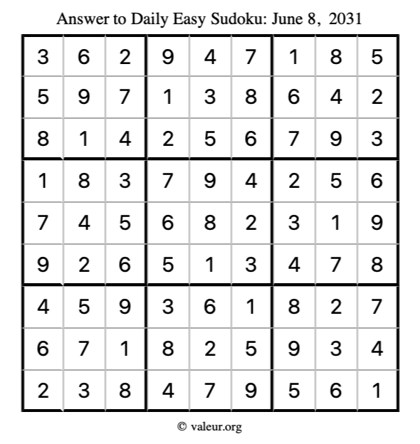 Answer to easy sudoku June 8, 2031