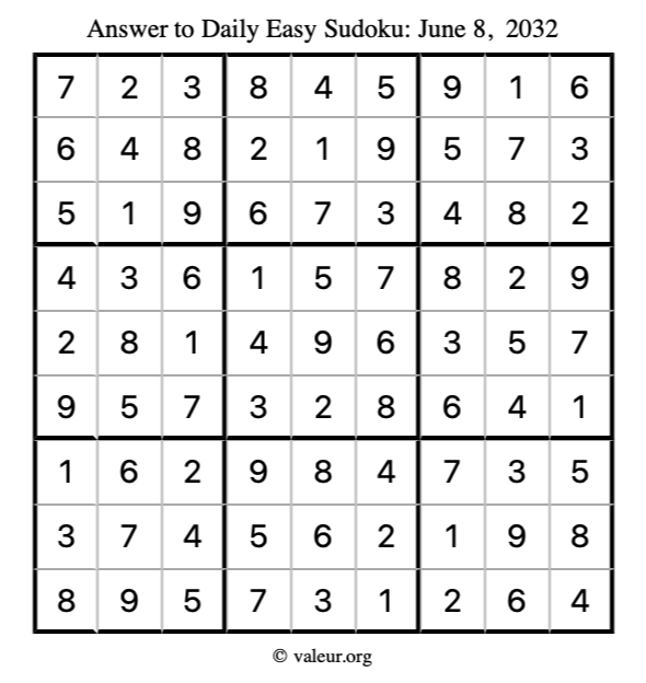 Answer to easy sudoku June 8, 2032