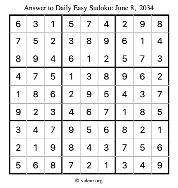 Answer to easy sudoku June 8, 2034