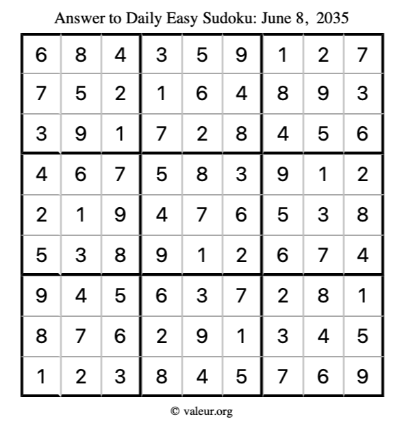 Answer to easy sudoku June 8, 2035