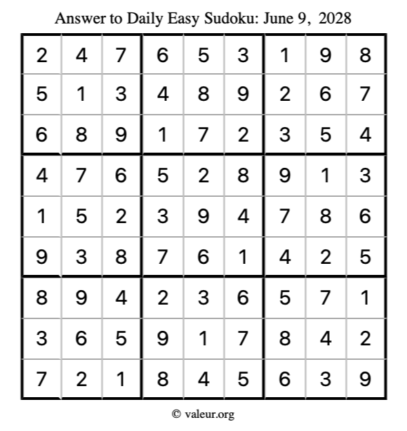 Answer to easy sudoku June 9, 2028