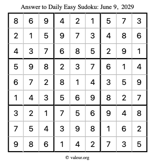 Answer to easy sudoku June 9, 2029