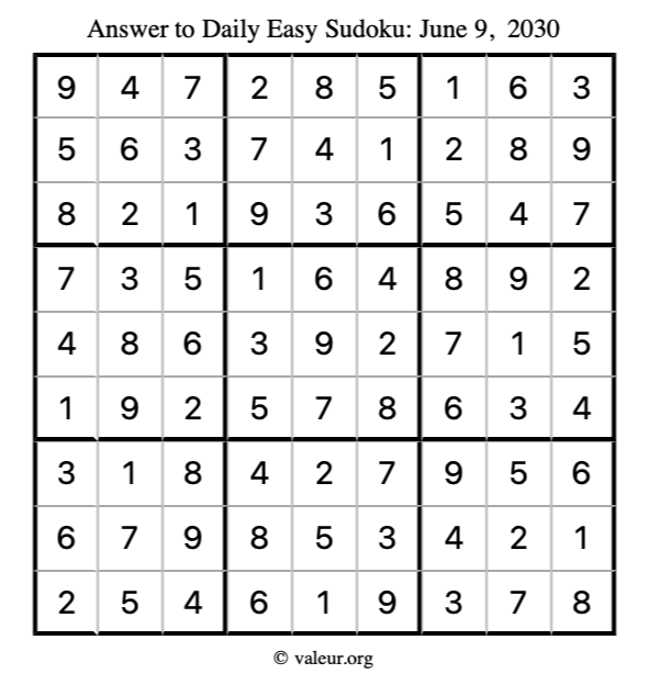 Answer to easy sudoku June 9, 2030