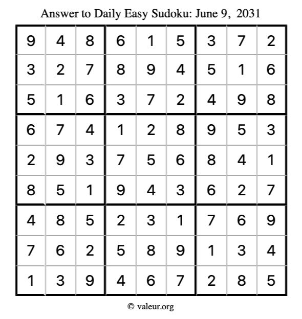 Answer to easy sudoku June 9, 2031