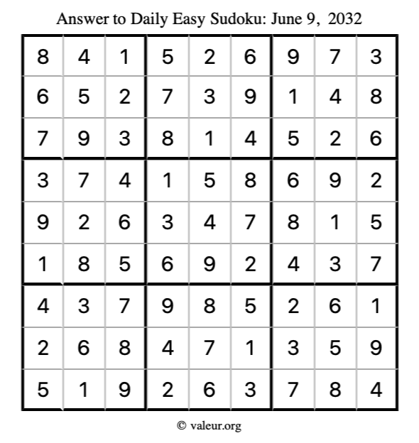Answer to easy sudoku June 9, 2032