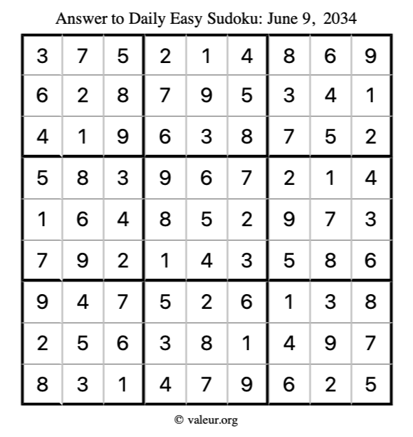 Answer to easy sudoku June 9, 2034