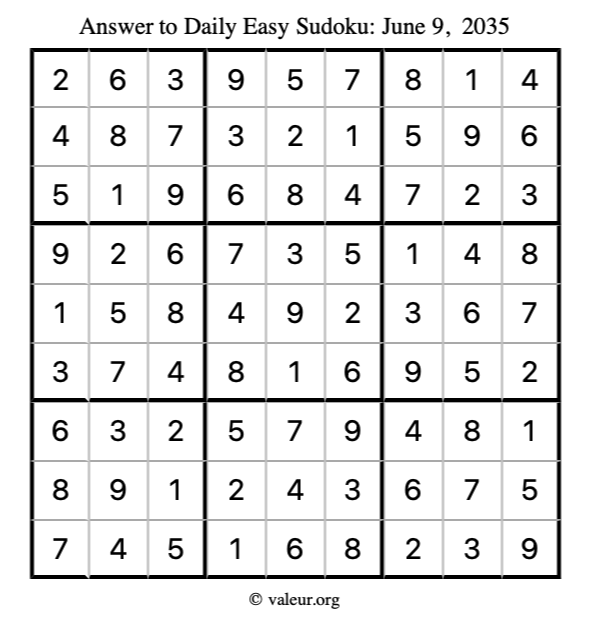 Answer to easy sudoku June 9, 2035