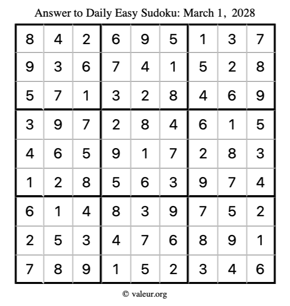 Answer to easy sudoku March 1, 2028