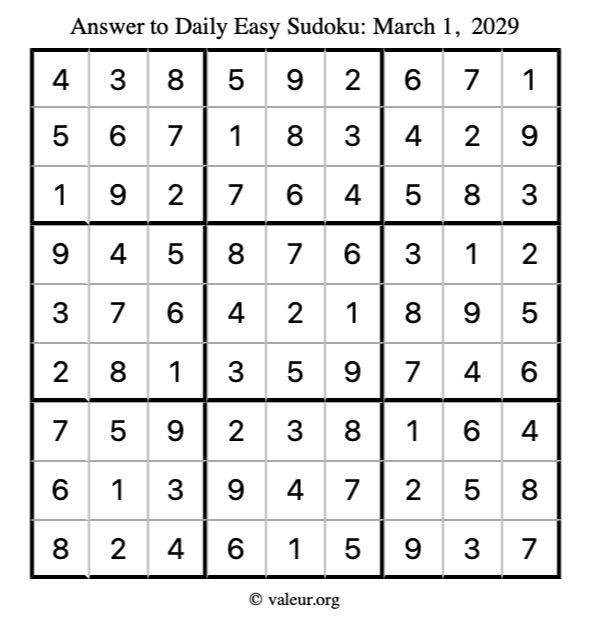Answer to easy sudoku March 1, 2029