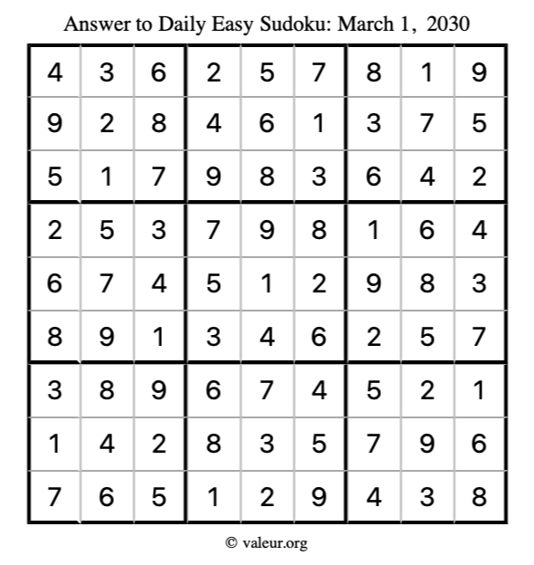 Answer to easy sudoku March 1, 2030
