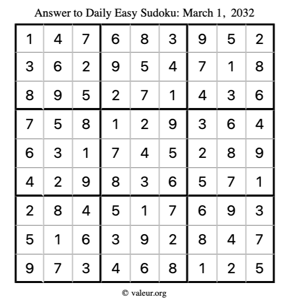 Answer to easy sudoku March 1, 2032
