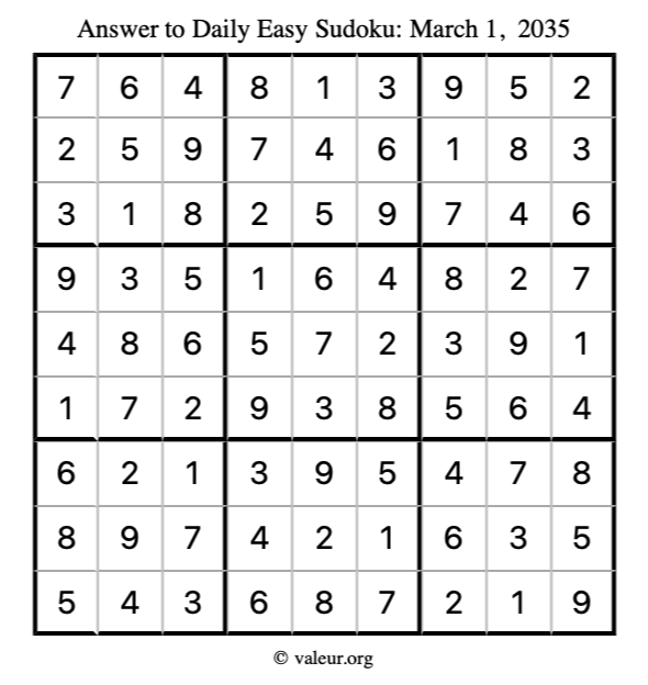Answer to easy sudoku March 1, 2035