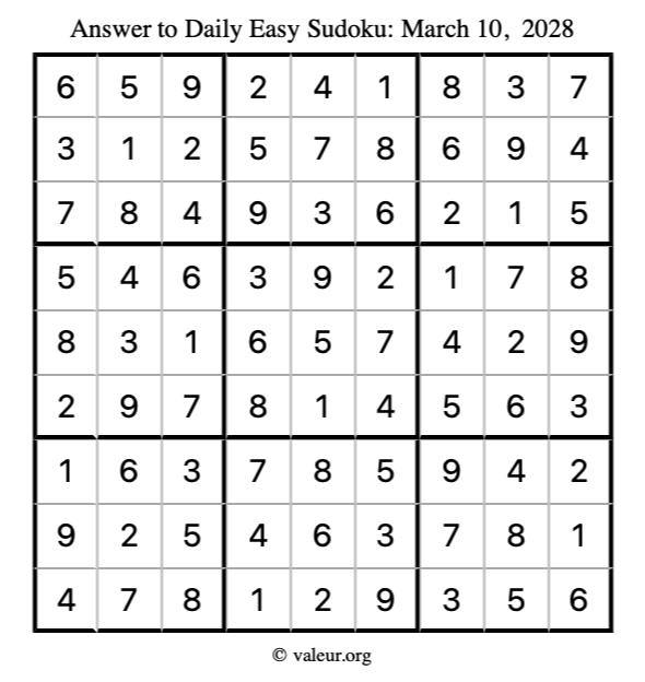 Answer to easy sudoku March 10, 2028