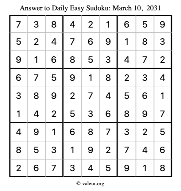 Answer to easy sudoku March 10, 2031
