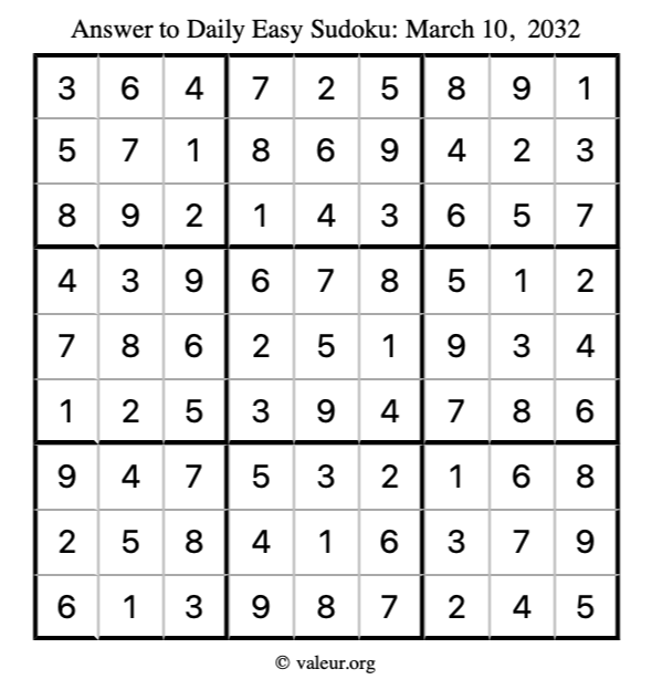 Answer to easy sudoku March 10, 2032
