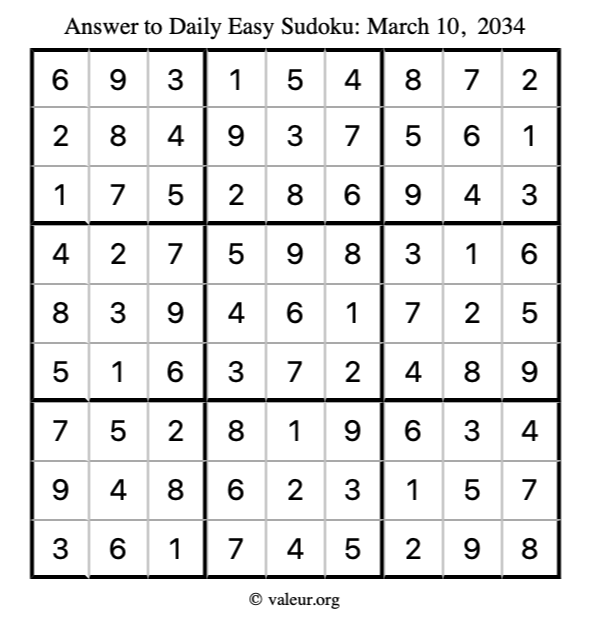 Answer to easy sudoku March 10, 2034