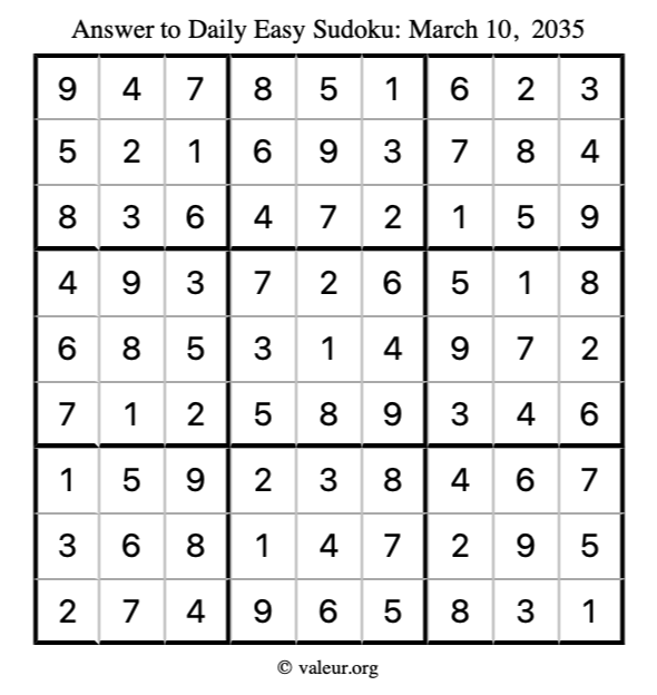 Answer to easy sudoku March 10, 2035
