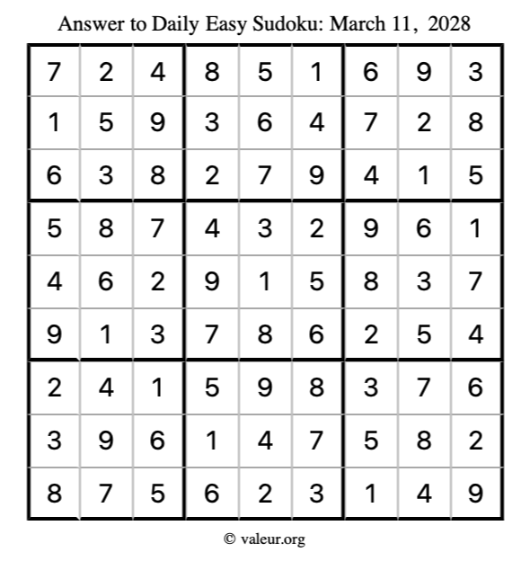 Answer to easy sudoku March 11, 2028