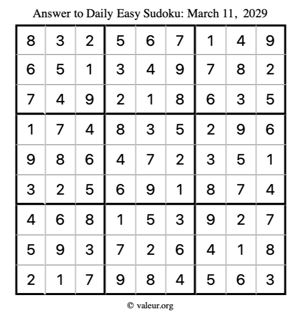 Answer to easy sudoku March 11, 2029
