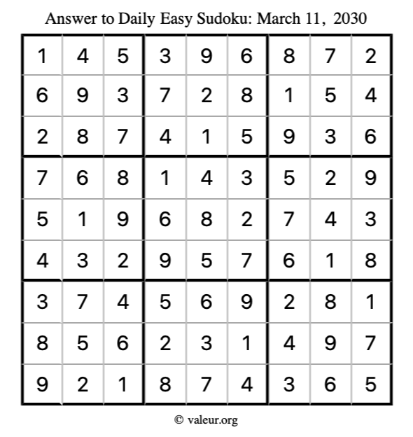 Answer to easy sudoku March 11, 2030