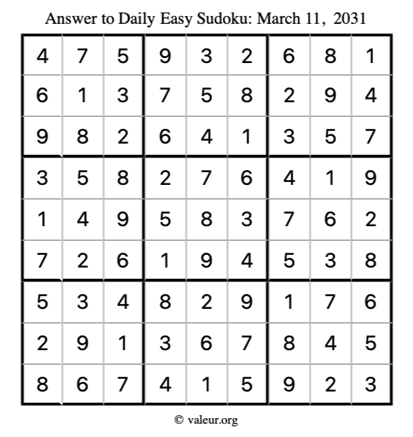 Answer to easy sudoku March 11, 2031