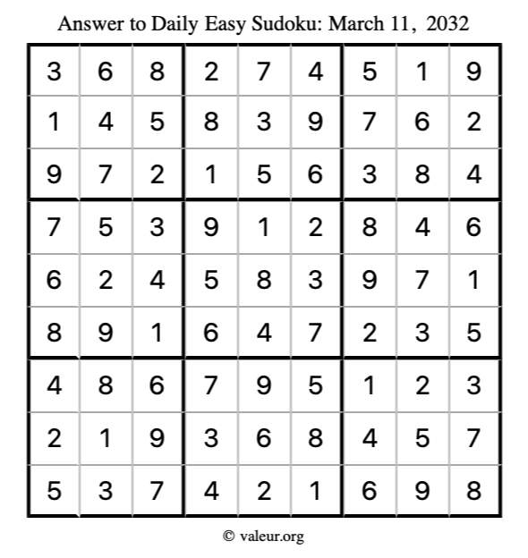 Answer to easy sudoku March 11, 2032