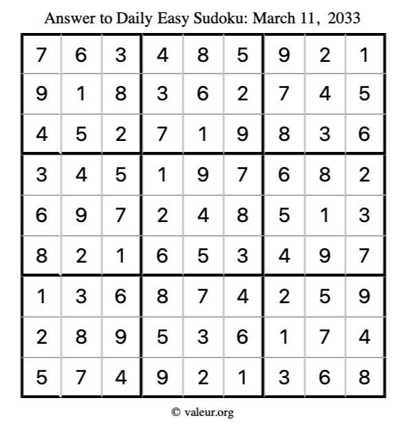 Answer to easy sudoku March 11, 2033