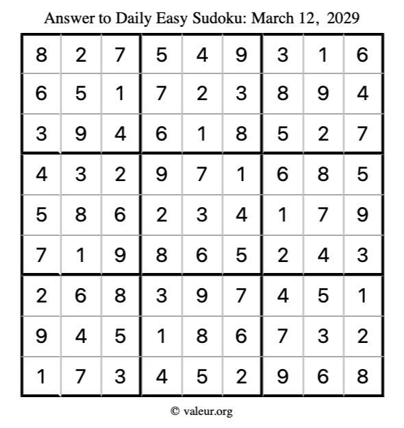 Answer to easy sudoku March 12, 2029