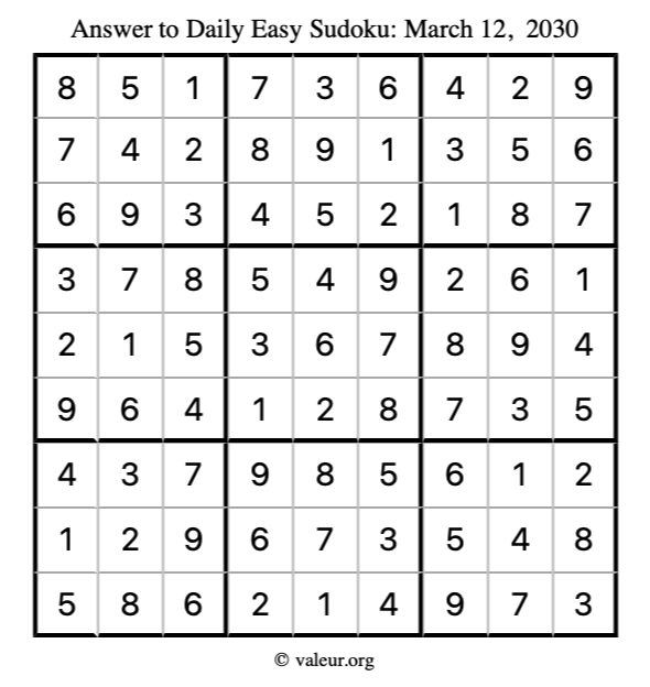 Answer to easy sudoku March 12, 2030