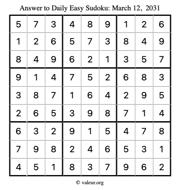 Answer to easy sudoku March 12, 2031