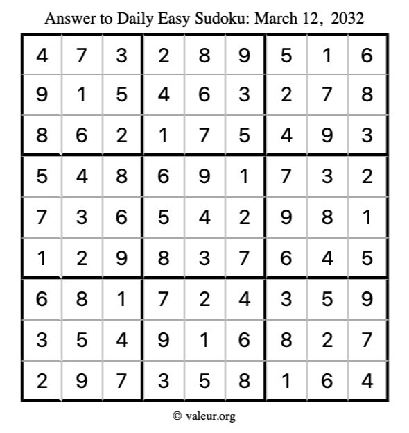 Answer to easy sudoku March 12, 2032