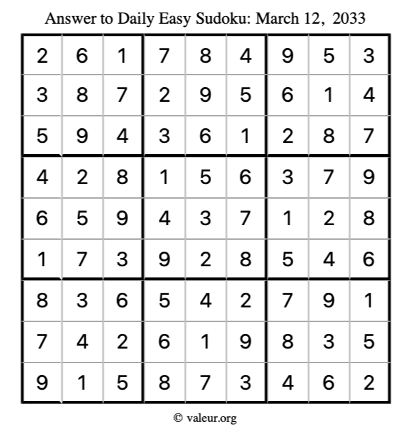 Answer to easy sudoku March 12, 2033