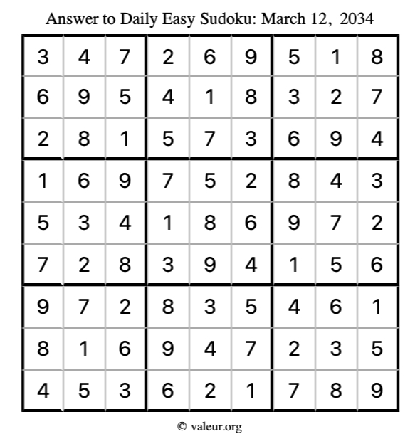 Answer to easy sudoku March 12, 2034