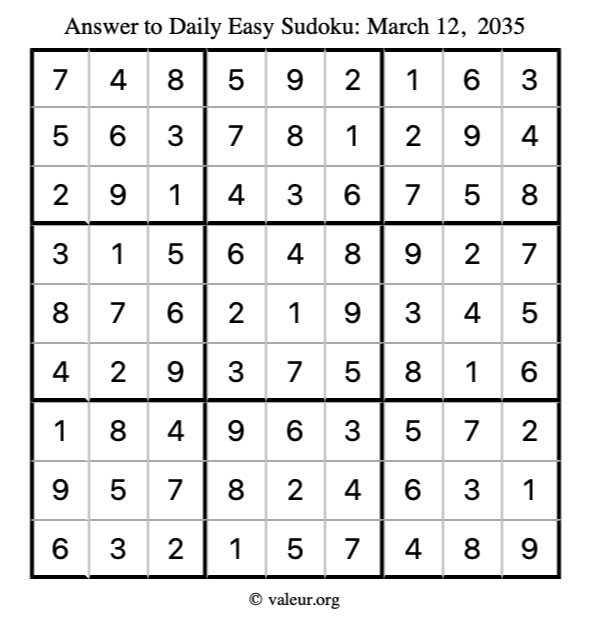 Answer to easy sudoku March 12, 2035
