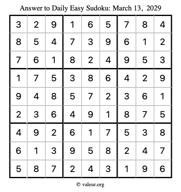 Answer to easy sudoku March 13, 2029