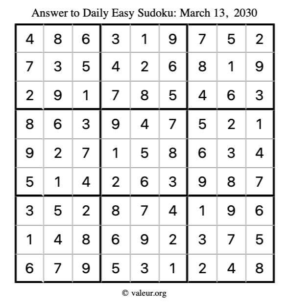 Answer to easy sudoku March 13, 2030