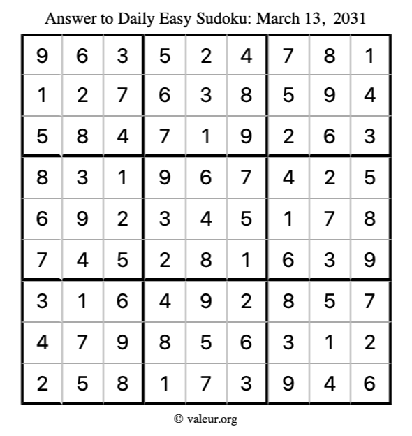 Answer to easy sudoku March 13, 2031