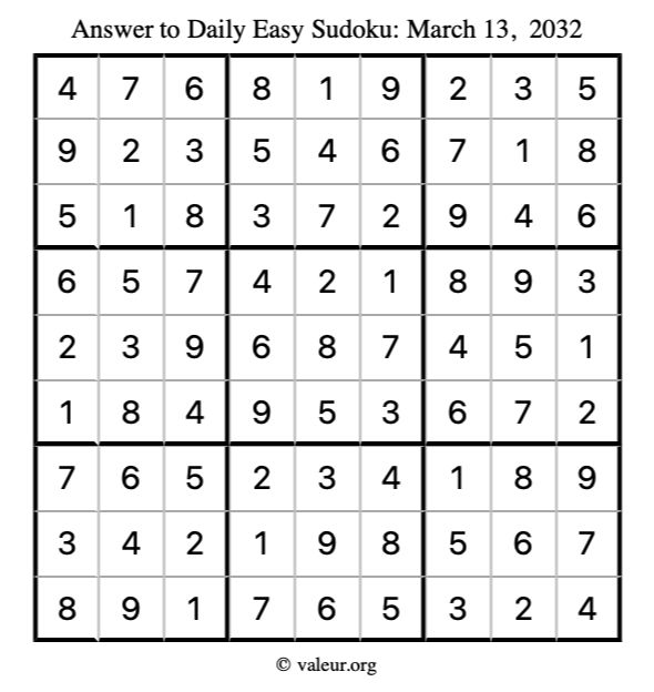 Answer to easy sudoku March 13, 2032