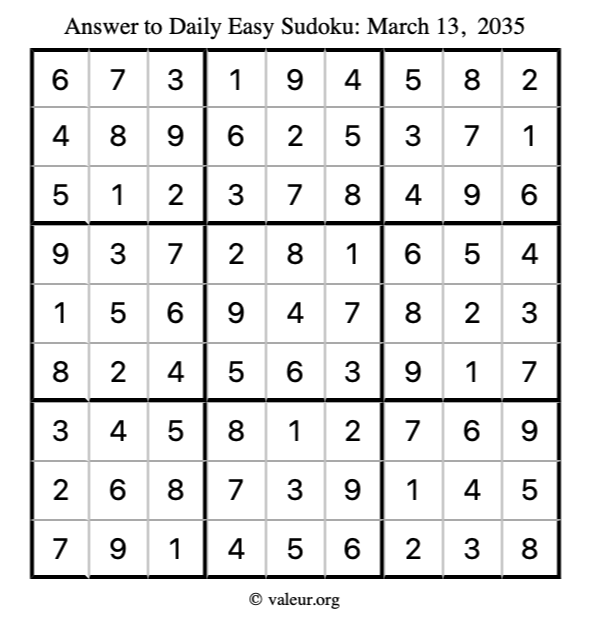 Answer to easy sudoku March 13, 2035
