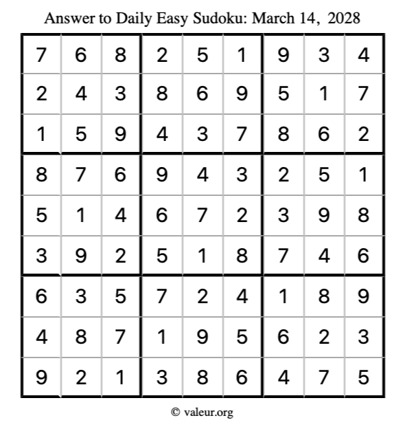 Answer to easy sudoku March 14, 2028
