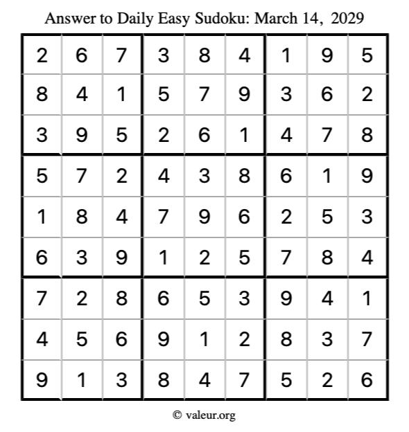 Answer to easy sudoku March 14, 2029
