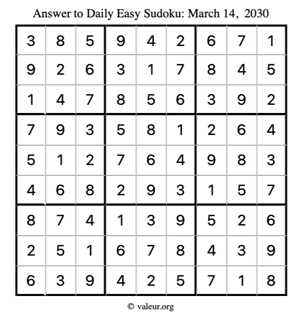 Answer to easy sudoku March 14, 2030