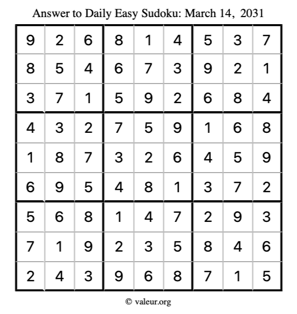 Answer to easy sudoku March 14, 2031