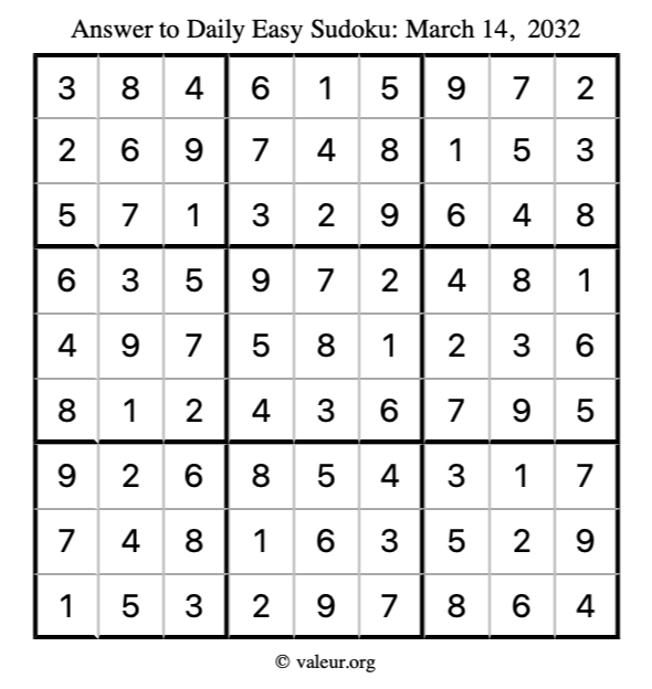 Answer to easy sudoku March 14, 2032