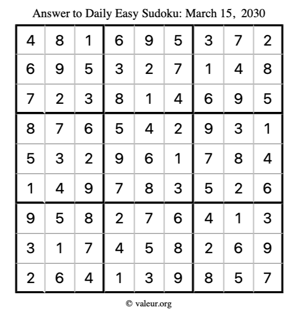 Answer to easy sudoku March 15, 2030