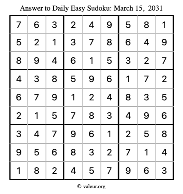 Answer to easy sudoku March 15, 2031