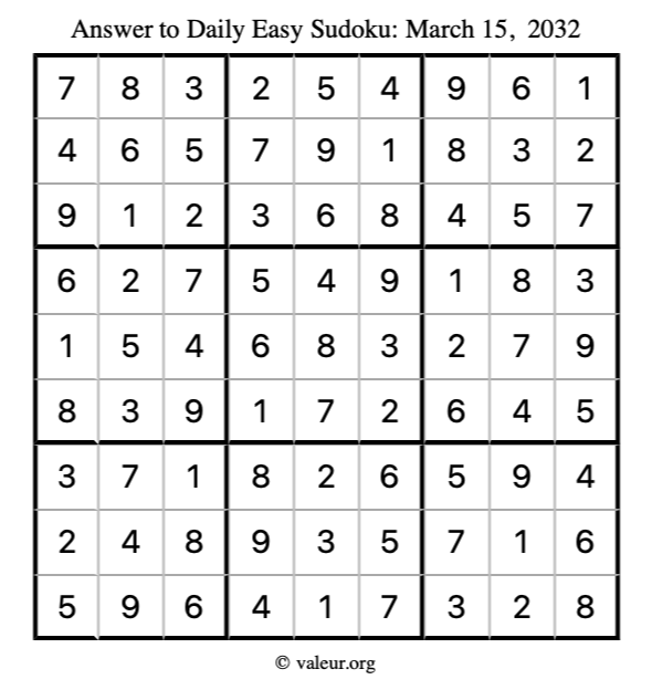 Answer to easy sudoku March 15, 2032