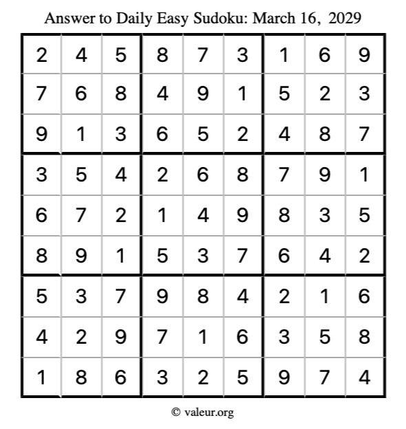 Answer to easy sudoku March 16, 2029