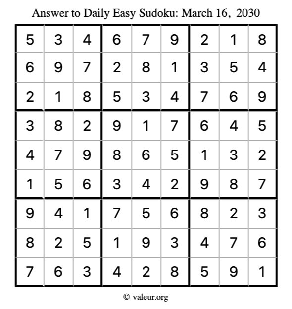 Answer to easy sudoku March 16, 2030
