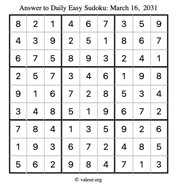 Answer to easy sudoku March 16, 2031